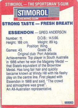 1990 AFL Scanlens Stimorol #35 Greg Anderson Back